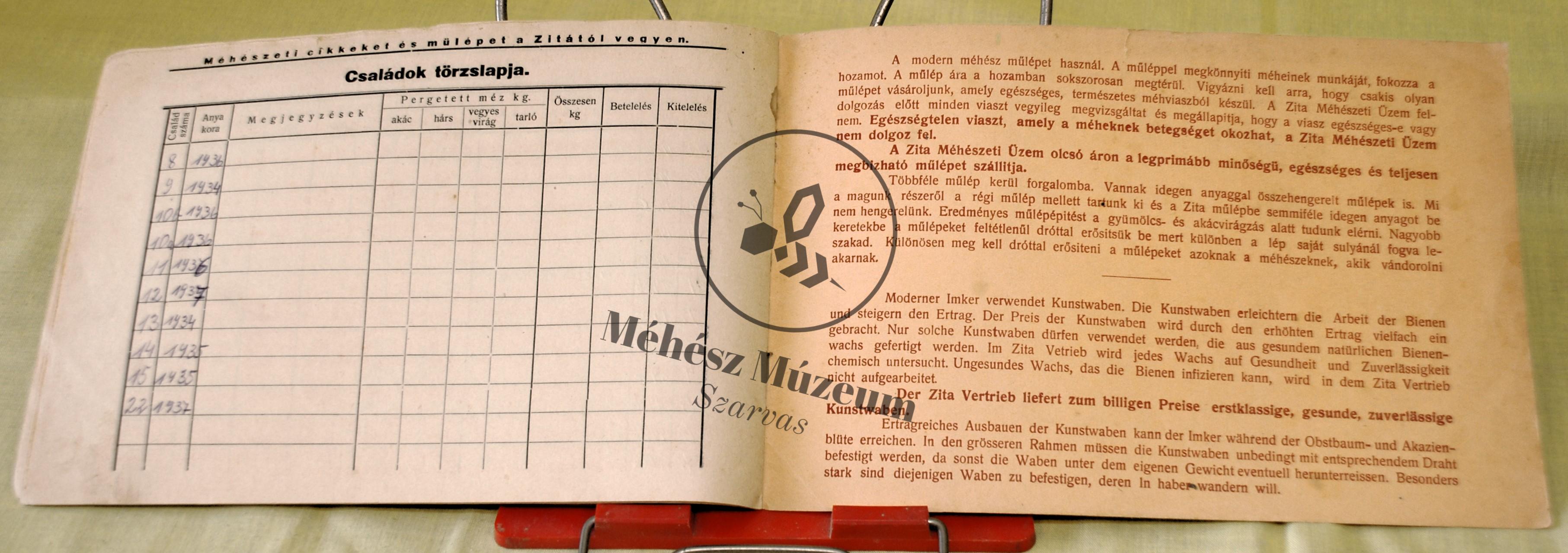Zita Méhészeti árjegyzék