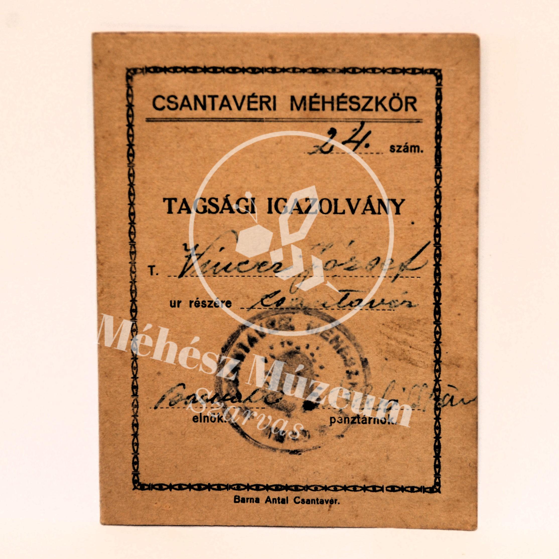 Csantavéri Méhészkör tagsági igazolvány